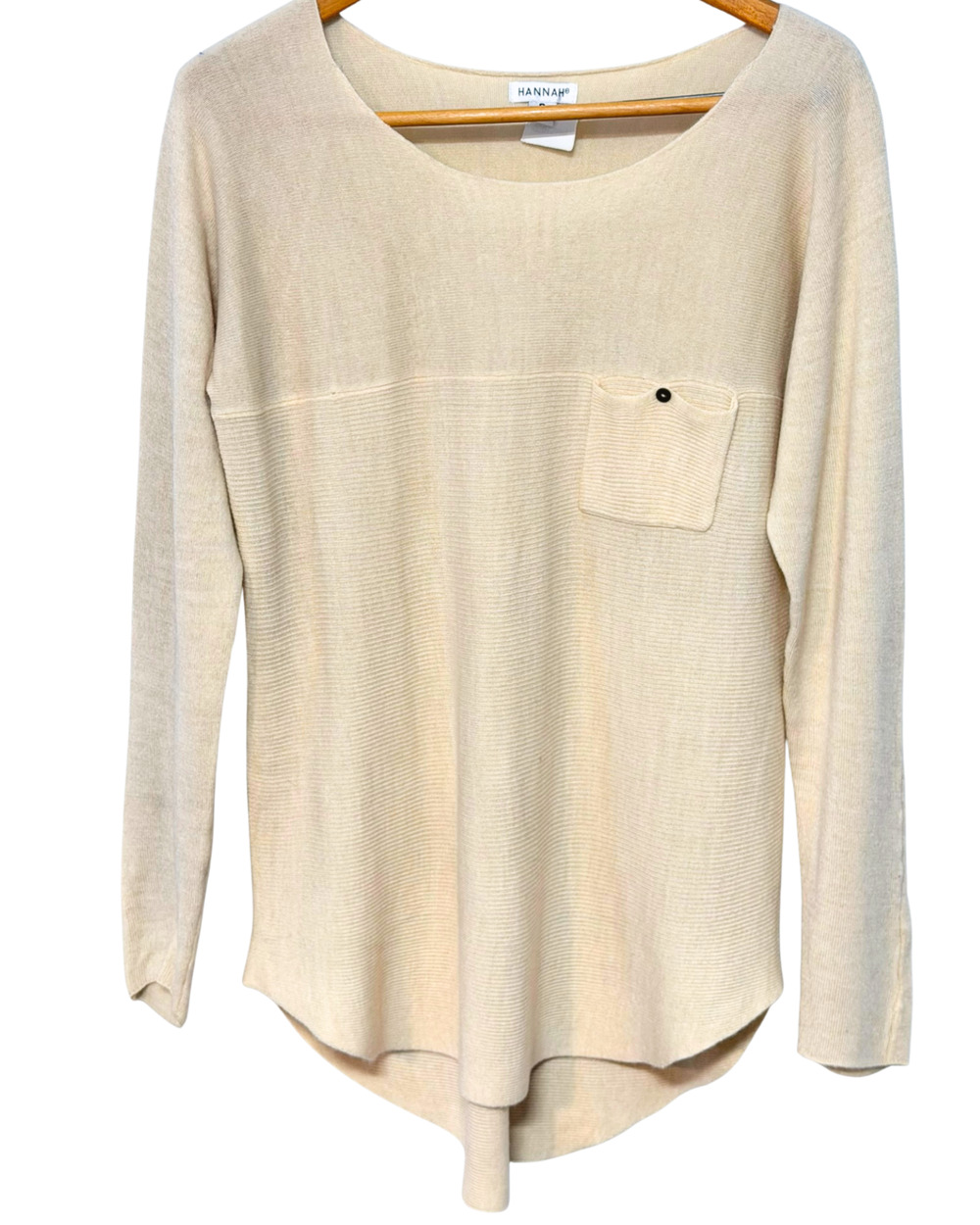 Hannah Sz S Beige Tunic Sweater Acrylic Knit Round Hem Chest Pocket Lightweight